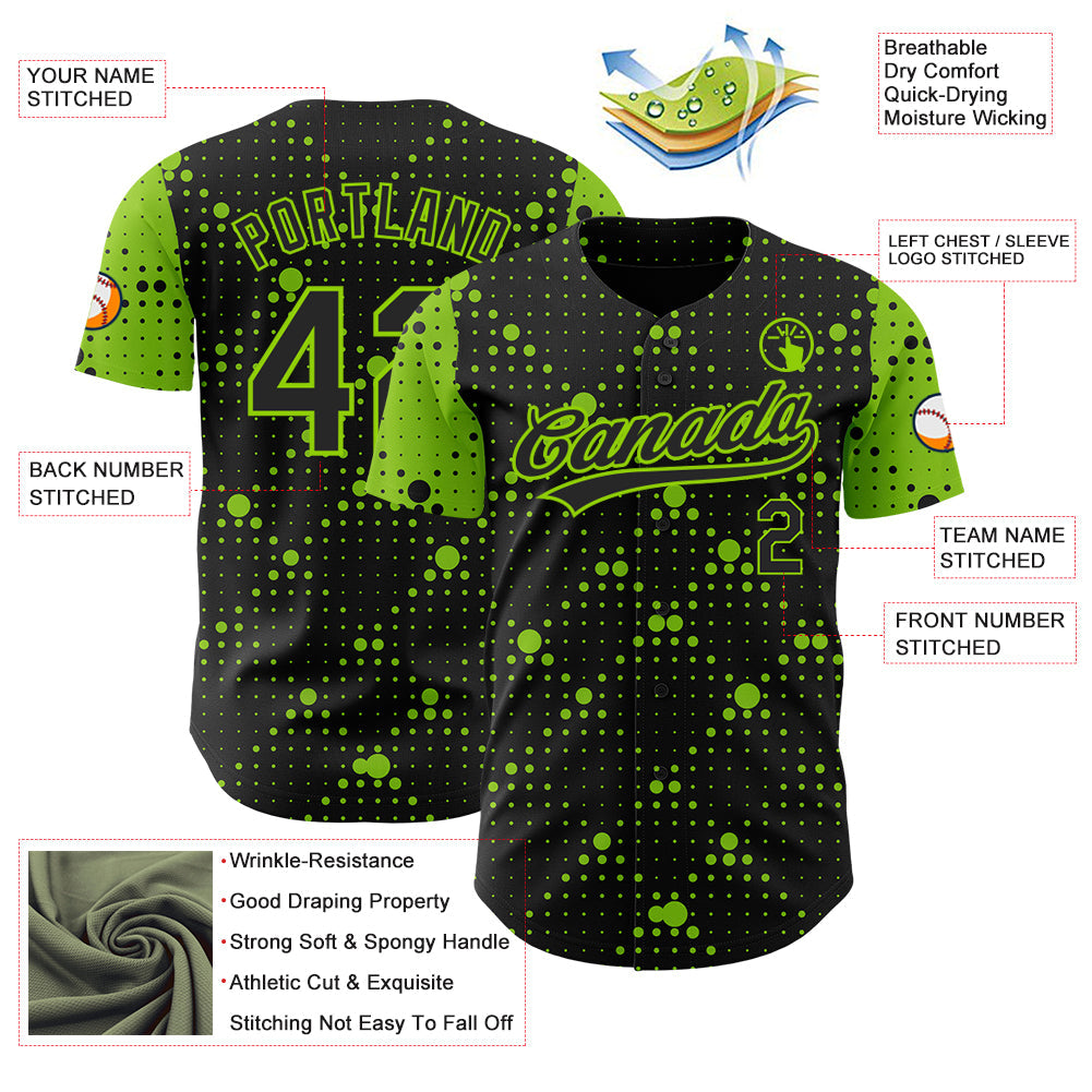 Custom Black Neon Green 3D Pattern Design Geometric Halftone Dots Authentic Baseball Jersey view 3
