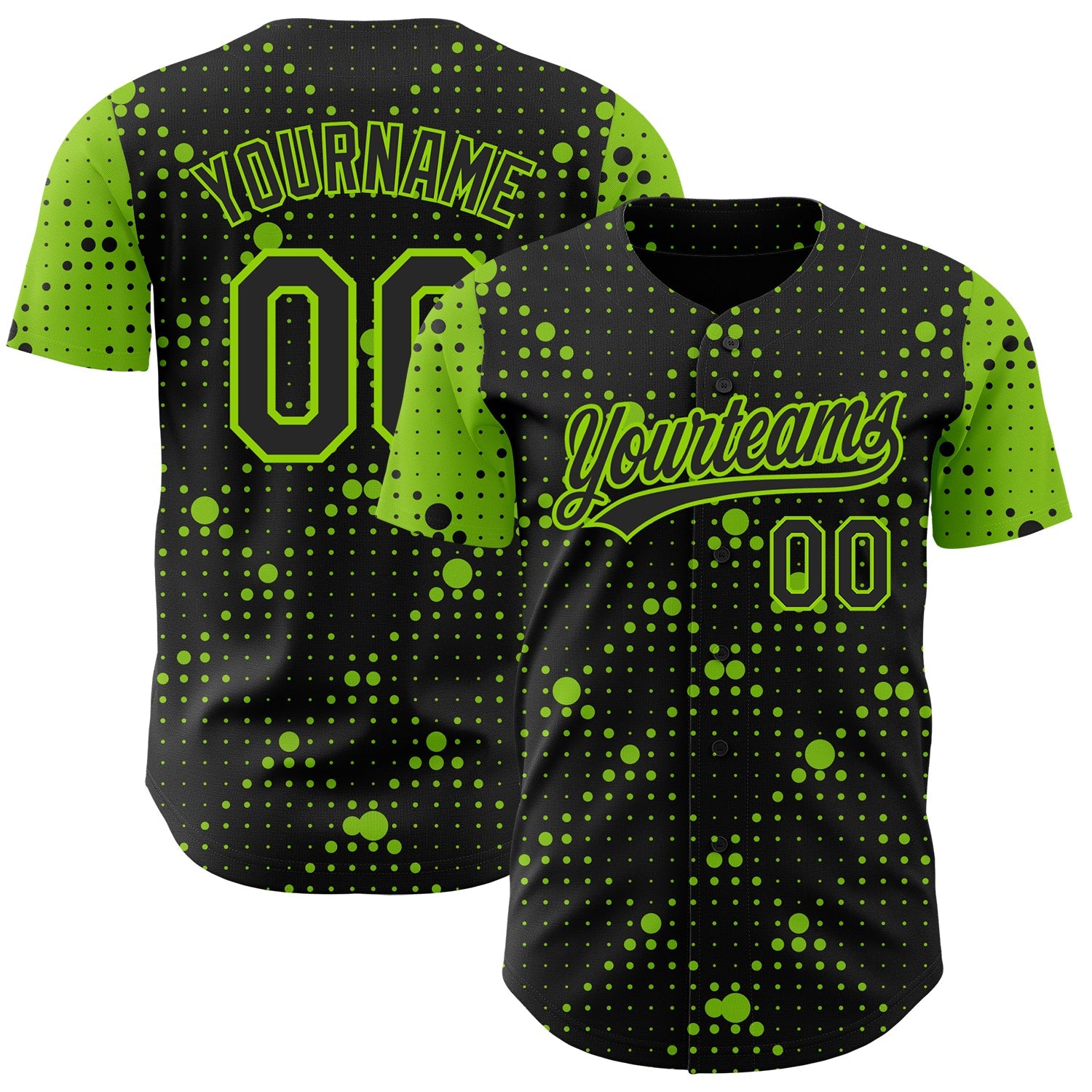 Custom Black Neon Green 3D Pattern Design Geometric Halftone Dots Authentic Baseball Jersey - Main View