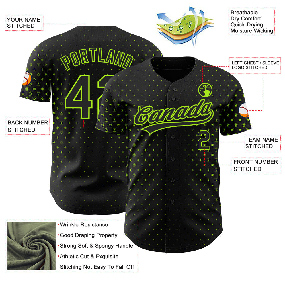 Custom Black Neon Green 3D Pattern Design Geometric Stars Authentic Baseball Jersey view 3