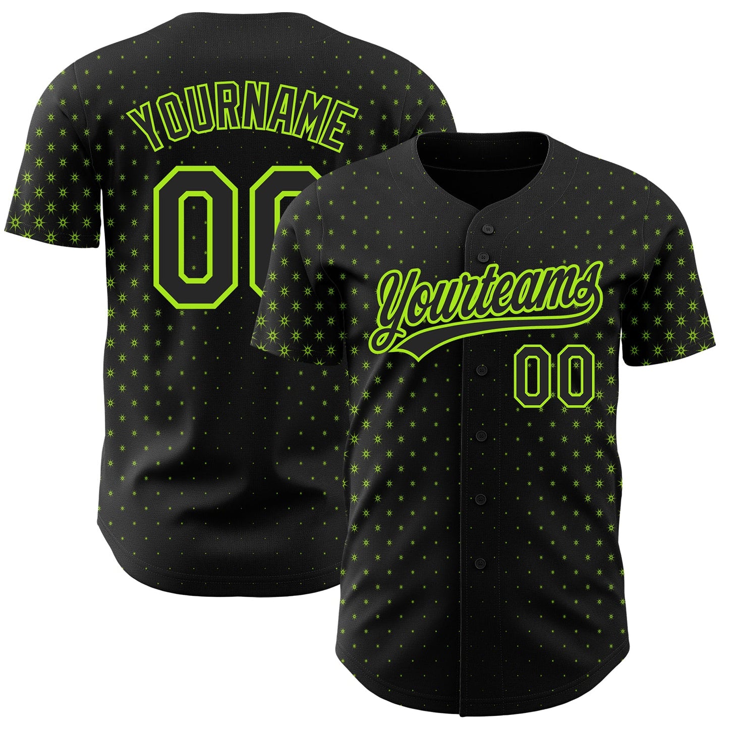 Custom Black Neon Green 3D Pattern Design Geometric Stars Authentic Baseball Jersey - Main View