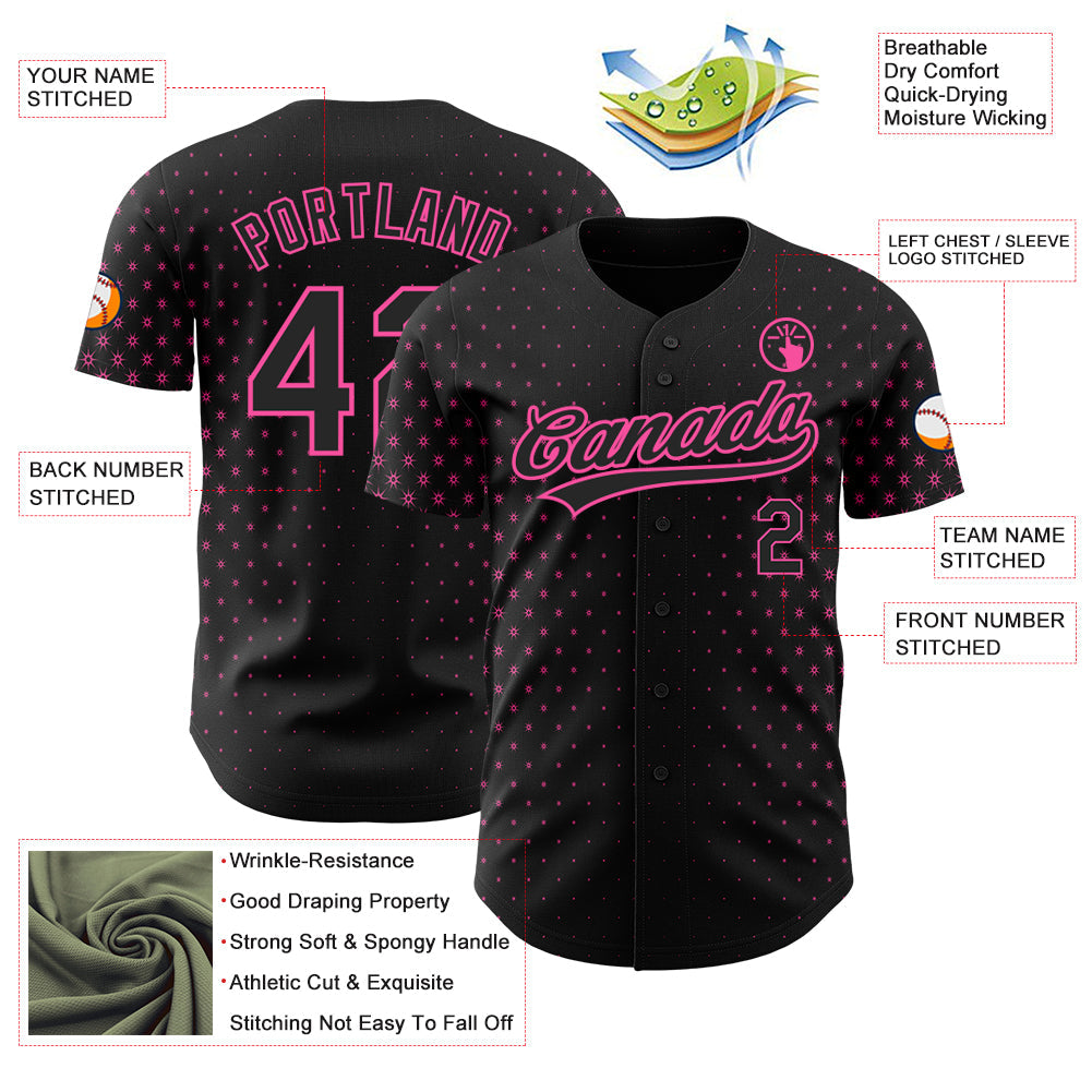 Custom Black Pink 3D Pattern Design Geometric Stars Authentic Baseball Jersey view 3