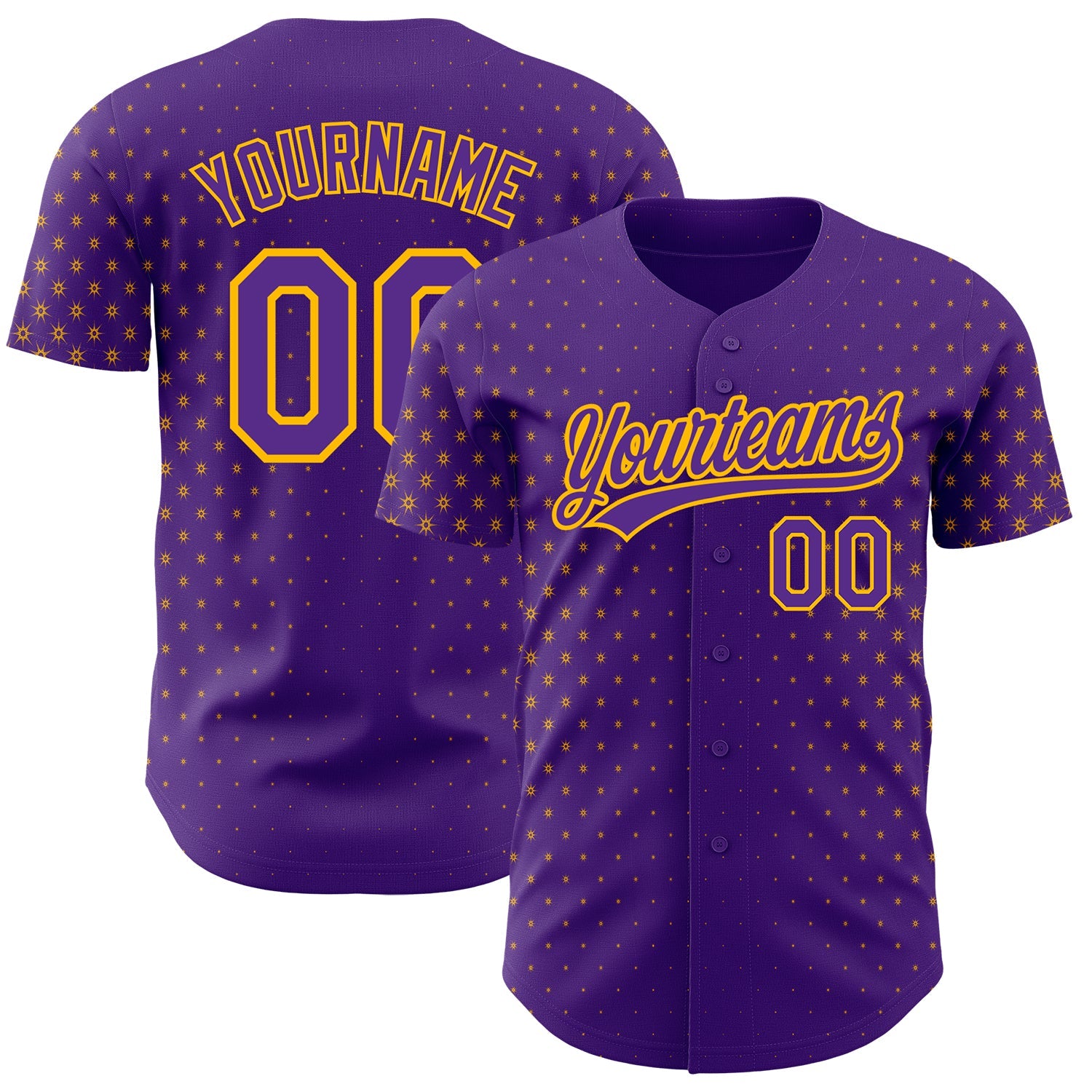 Custom Purple Gold 3D Pattern Design Geometric Stars Authentic Baseball Jersey - Main View