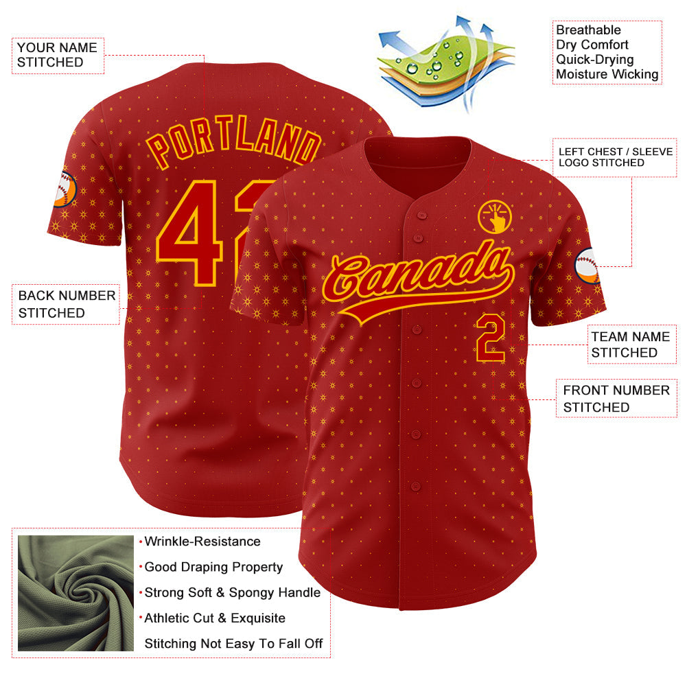 Custom Red Gold 3D Pattern Design Geometric Stars Authentic Baseball Jersey view 3