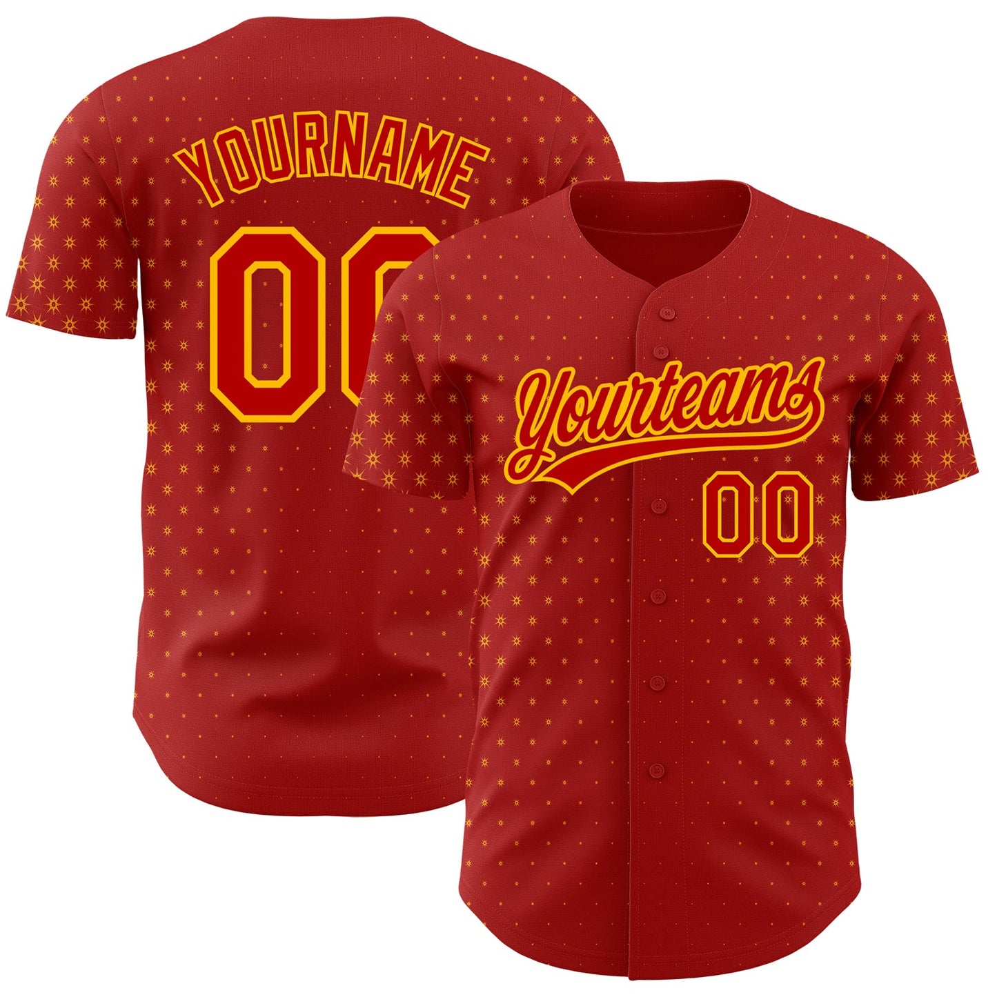Custom Red Gold 3D Pattern Design Geometric Stars Authentic Baseball Jersey - Main View