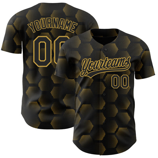 Custom Black Old Gold 3D Pattern Design Halftone Geometric Shapes Authentic Baseball Jersey - Main View