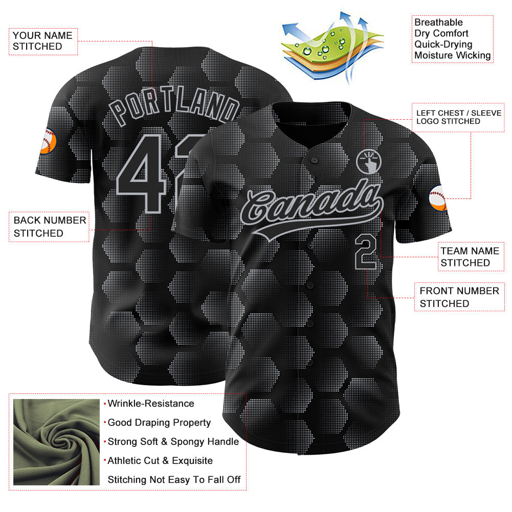 Custom Black Gray 3D Pattern Design Halftone Geometric Shapes Authentic Baseball Jersey view 3
