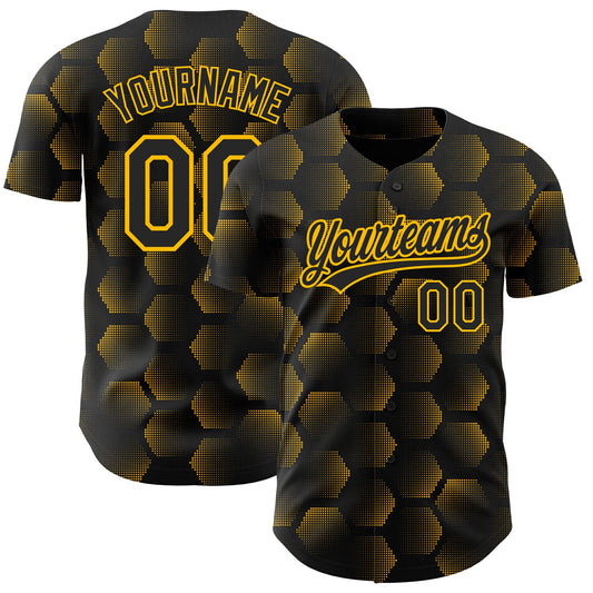 Custom Black Gold 3D Pattern Design Halftone Geometric Shapes Authentic Baseball Jersey - Main View