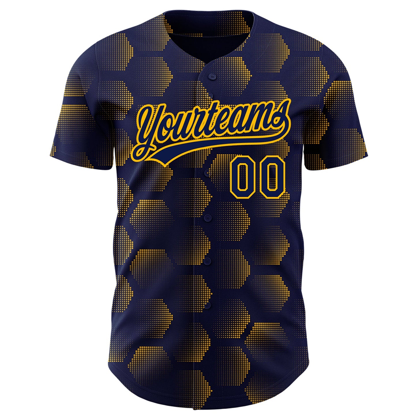 Custom Navy Gold 3D Pattern Design Halftone Geometric Shapes Authentic Baseball Jersey view 2