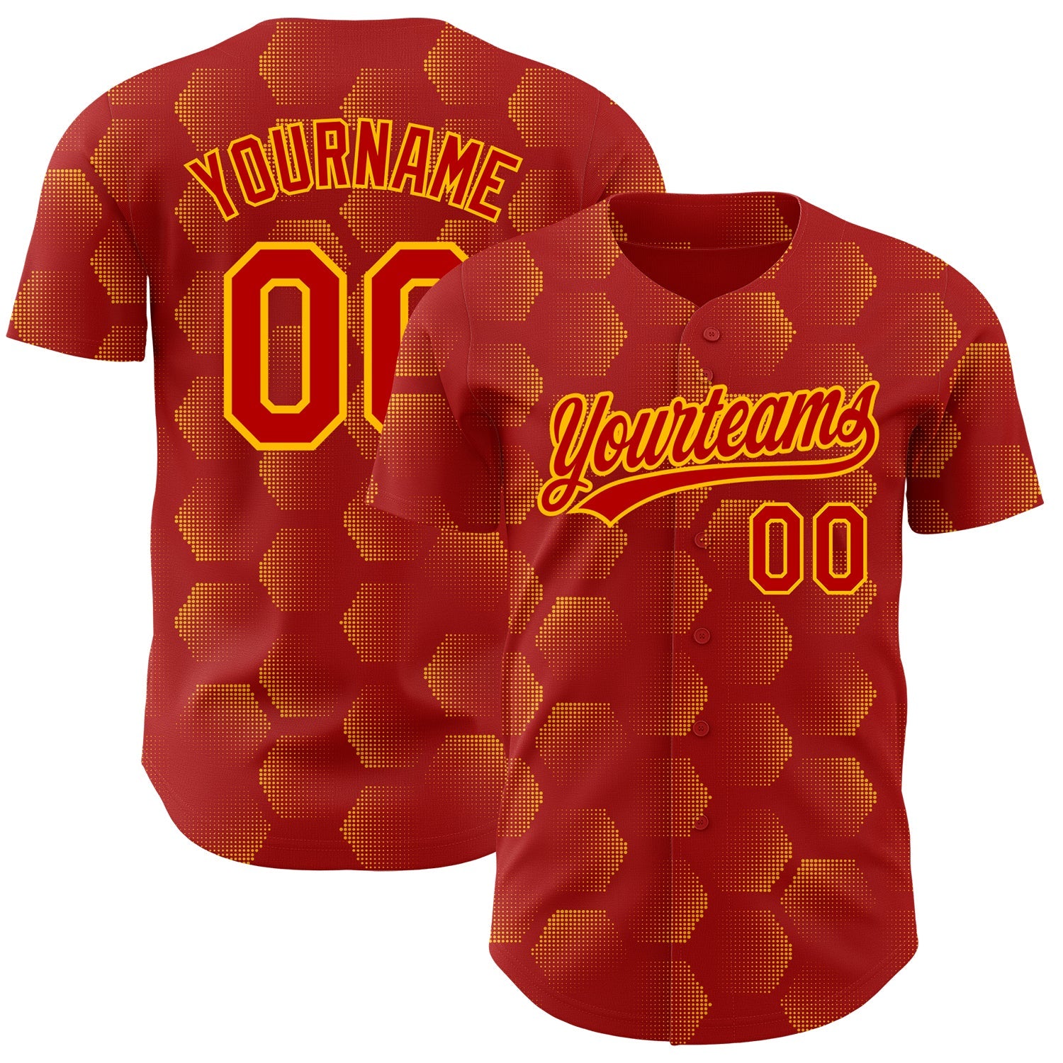 Custom Red Gold 3D Pattern Design Halftone Geometric Shapes Authentic Baseball Jersey - Main View