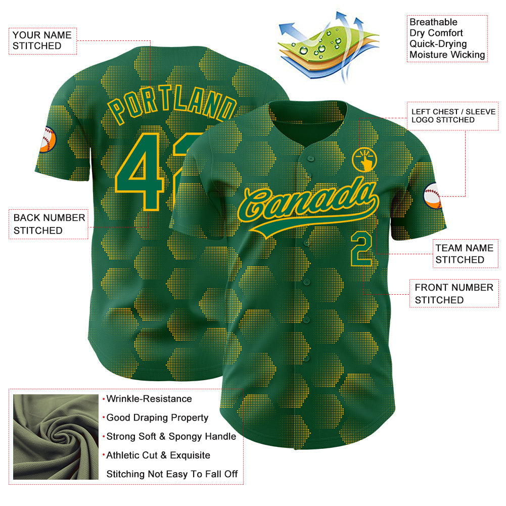Custom Kelly Green Gold 3D Pattern Design Halftone Geometric Shapes Authentic Baseball Jersey view 3