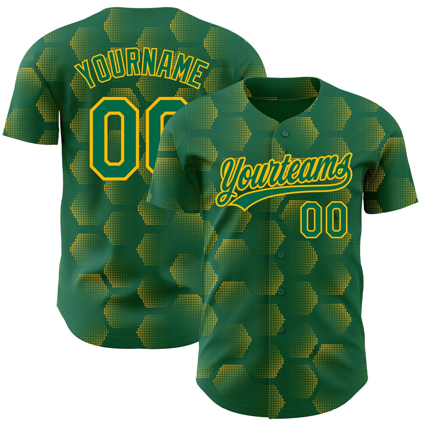 Custom Kelly Green Gold 3D Pattern Design Halftone Geometric Shapes Authentic Baseball Jersey - Main View