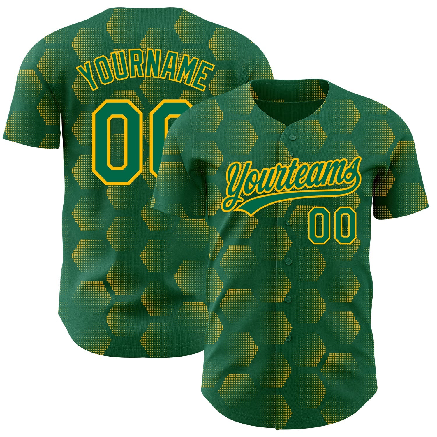 Custom Kelly Green Gold 3D Pattern Design Halftone Geometric Shapes Authentic Baseball Jersey - Main View