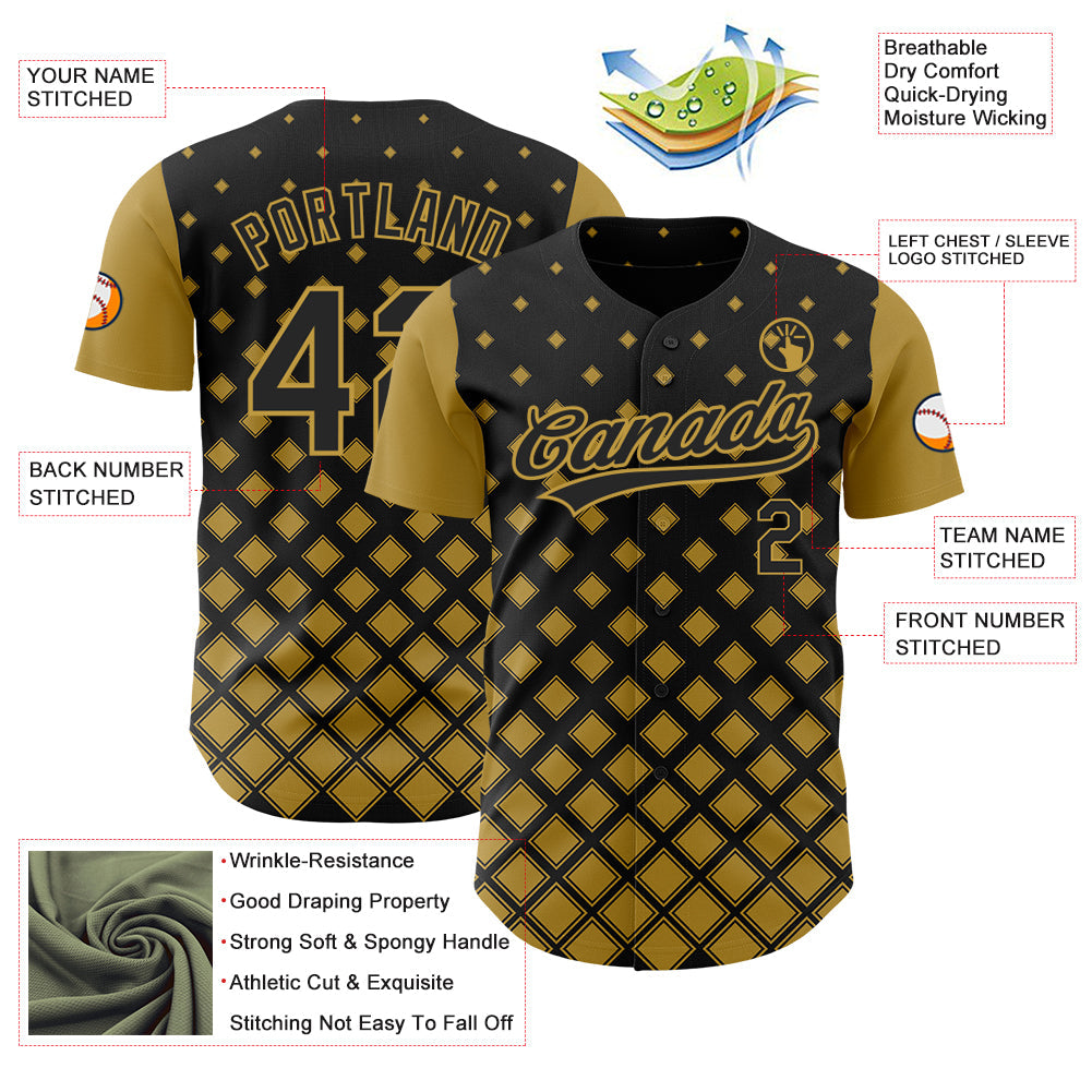 Custom Black Old Gold 3D Pattern Design Geometric Shapes Authentic Baseball Jersey view 3