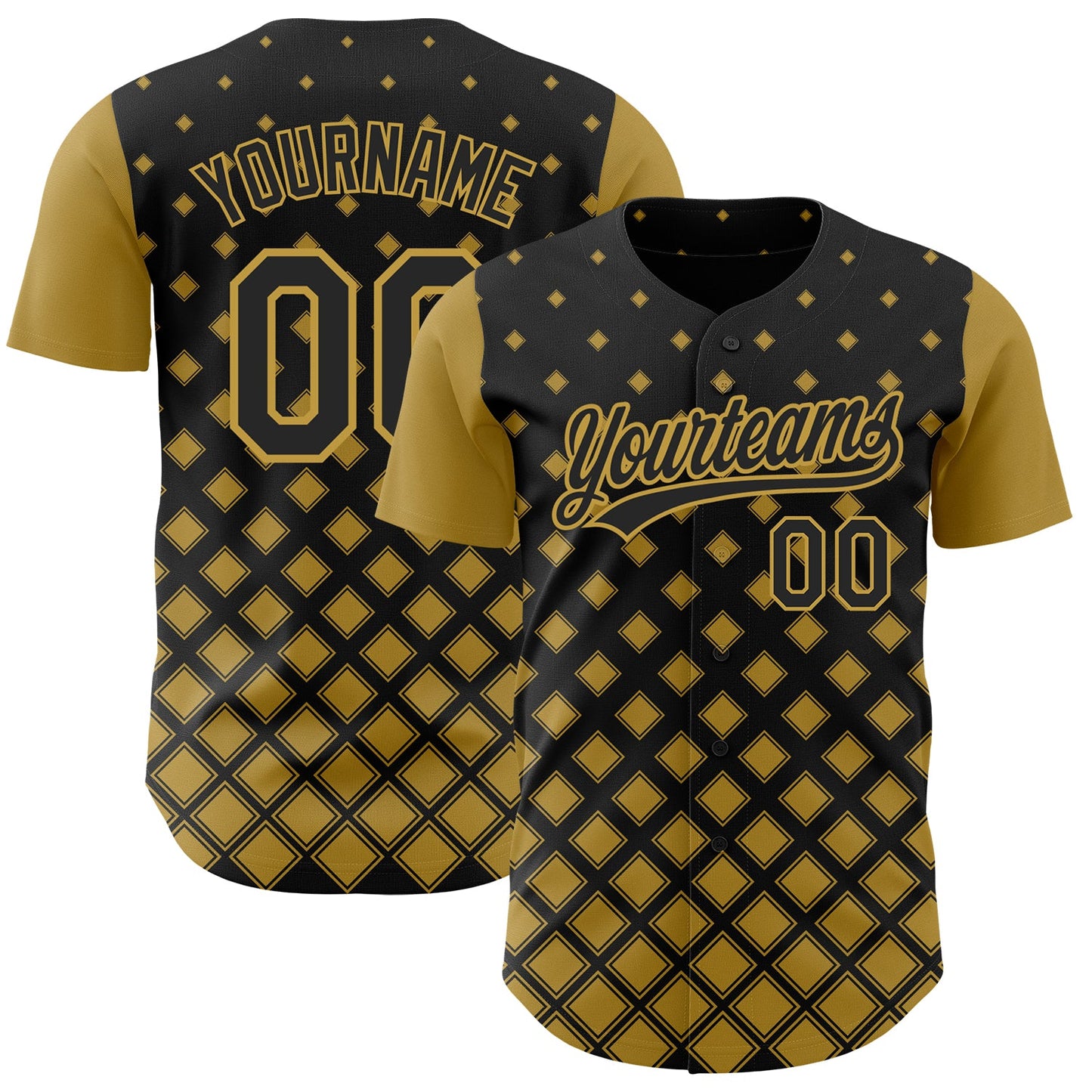 Custom Black Old Gold 3D Pattern Design Geometric Shapes Authentic Baseball Jersey - Main View