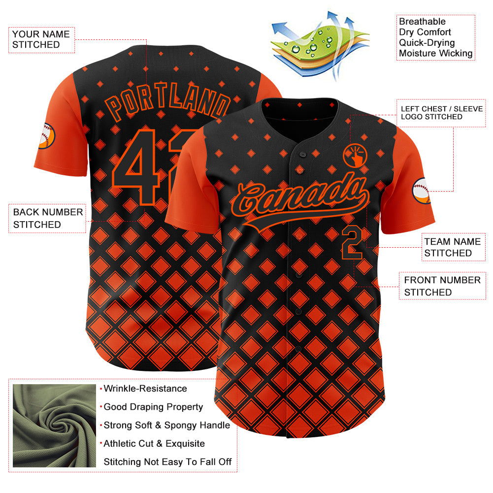 Custom Black Orange 3D Pattern Design Geometric Shapes Authentic Baseball Jersey view 3
