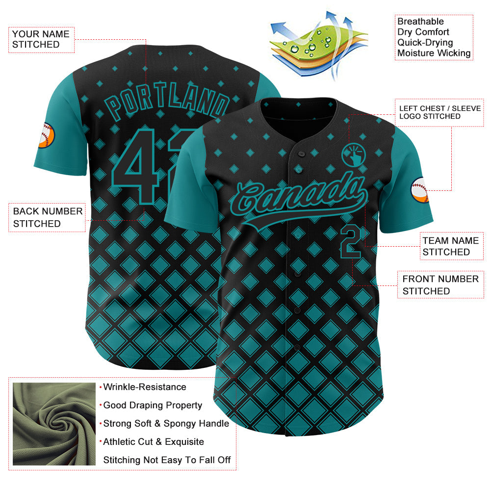 Custom Black Teal 3D Pattern Design Geometric Shapes Authentic Baseball Jersey view 3