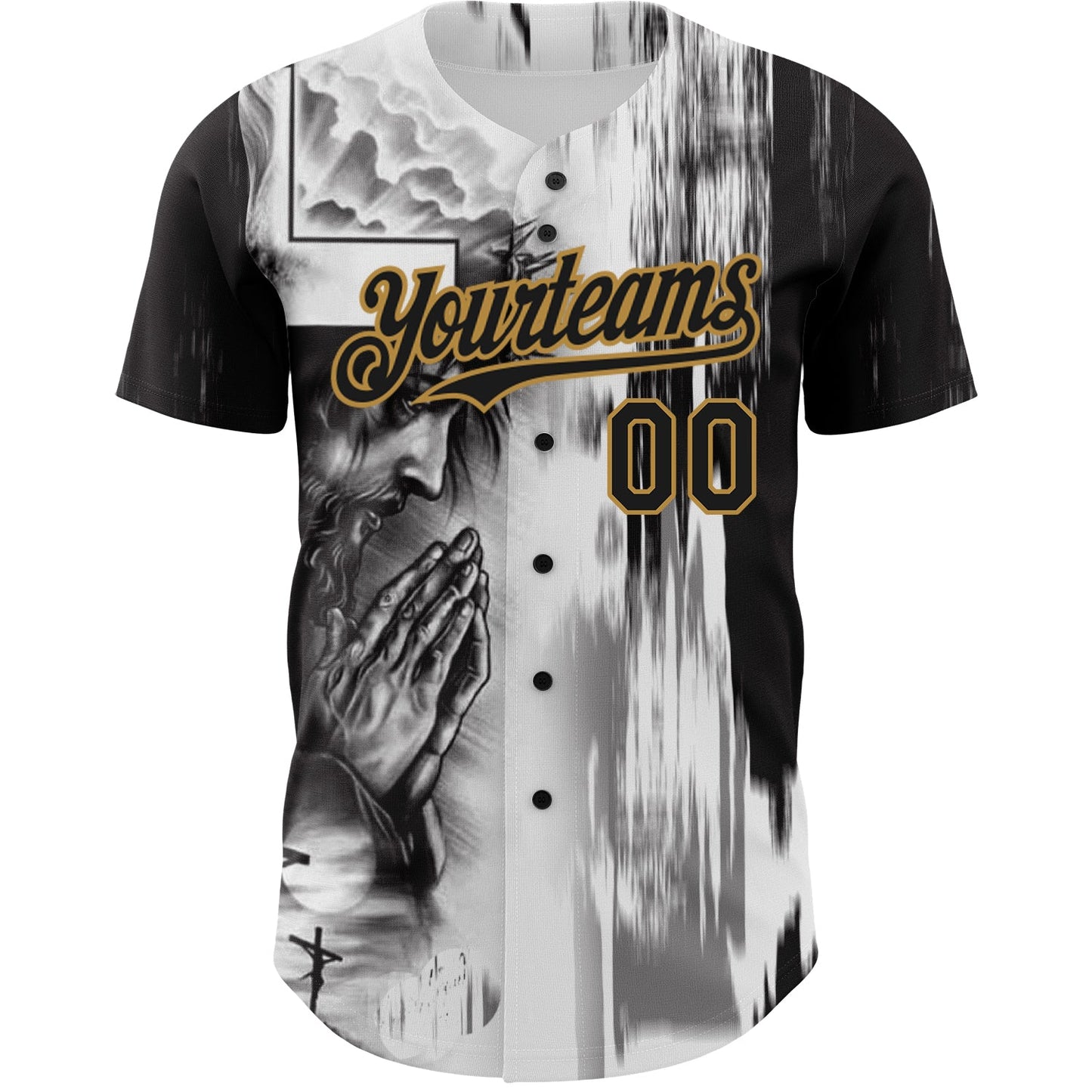 Custom White Black-Old Gold 3D Pattern Design Religion Jesus Christ Authentic Baseball Jersey view 2
