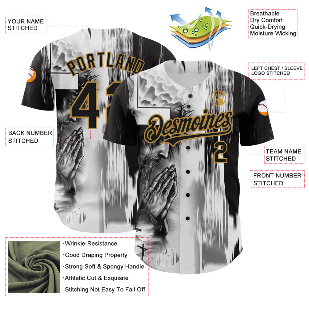 Custom White Black-Old Gold 3D Pattern Design Religion Jesus Christ Authentic Baseball Jersey view 3