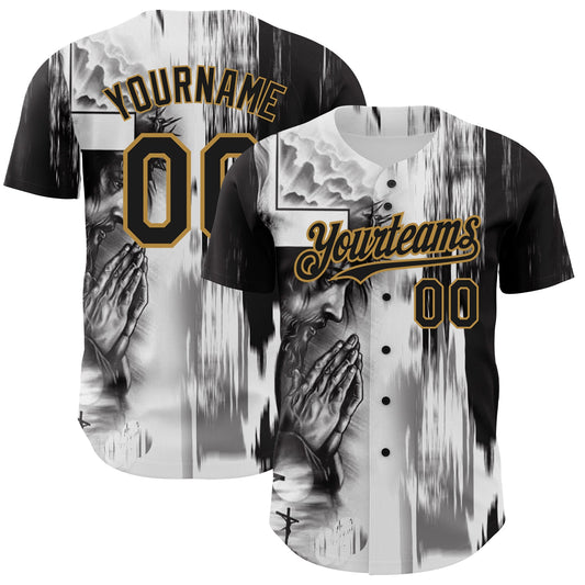 Custom White Black-Old Gold 3D Pattern Design Religion Jesus Christ Authentic Baseball Jersey - Main View