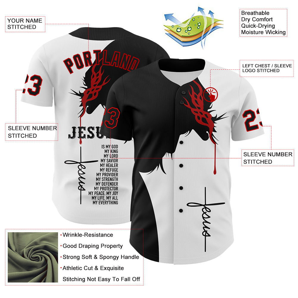 Custom White Black-Red 3D Pattern Design Religion Jesus Christ Authentic Baseball Jersey view 3