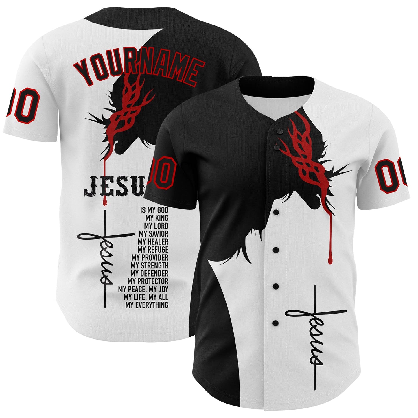 Custom White Black-Red 3D Pattern Design Religion Jesus Christ Authentic Baseball Jersey - Main View