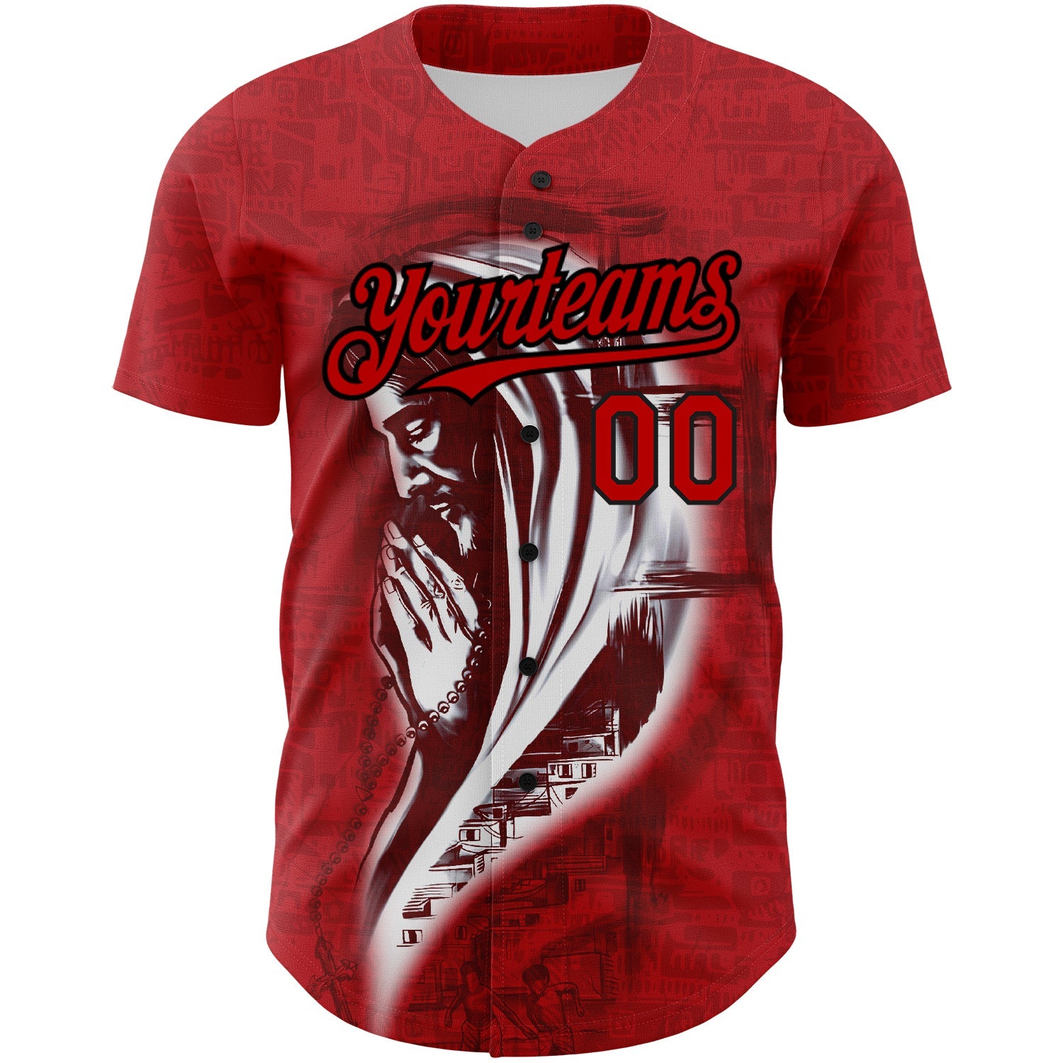 Custom Red Black 3D Pattern Design Religion Jesus Christc Authentic Baseball Jersey view 2
