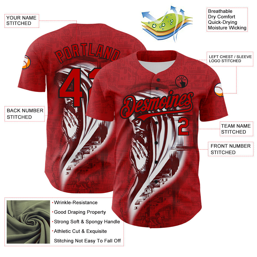 Custom Red Black 3D Pattern Design Religion Jesus Christc Authentic Baseball Jersey view 3