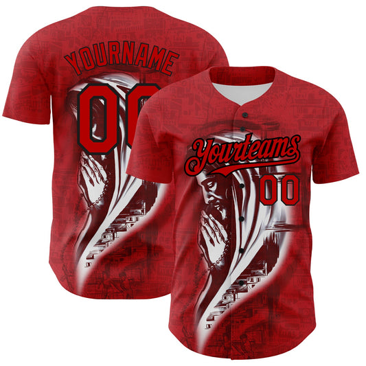 Custom Red Black 3D Pattern Design Religion Jesus Christc Authentic Baseball Jersey - Main View