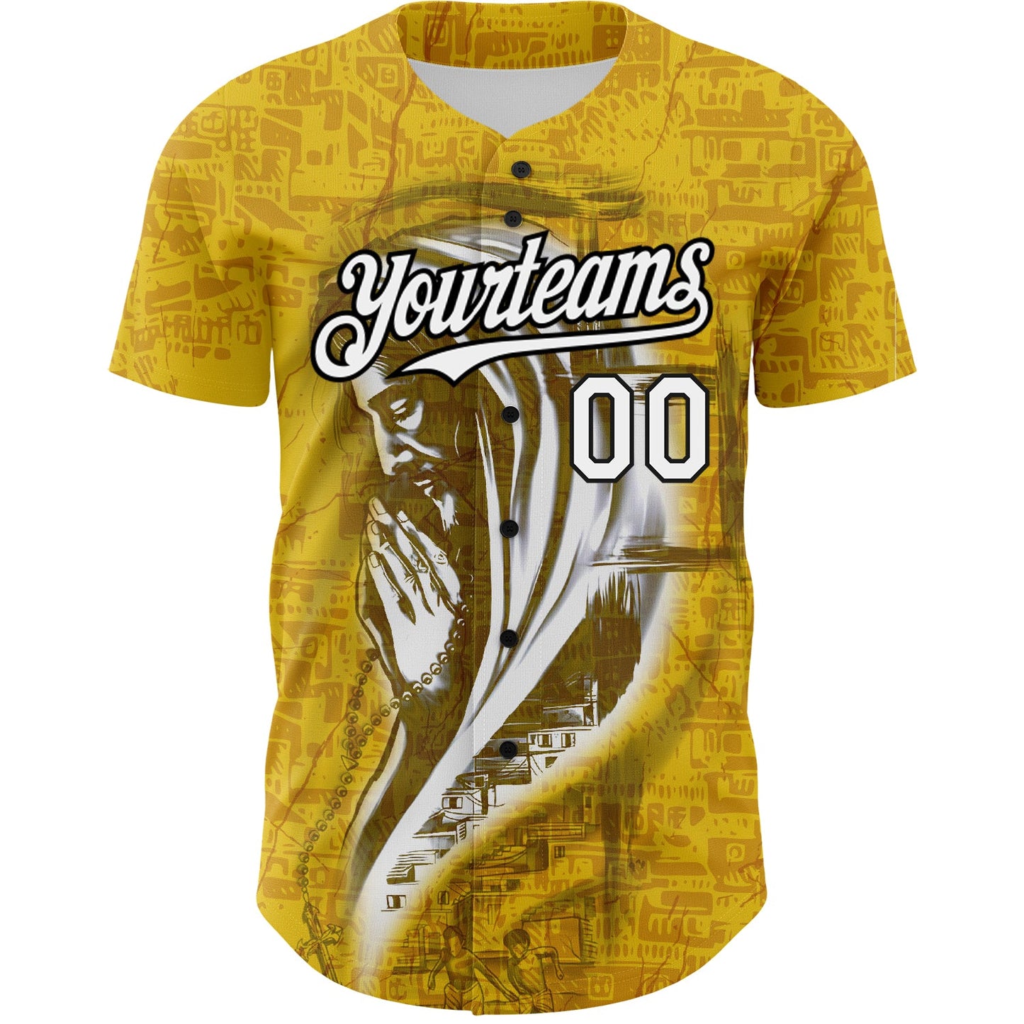 Custom Yellow White-Black 3D Pattern Design Religion Jesus Christ Authentic Baseball Jersey view 2