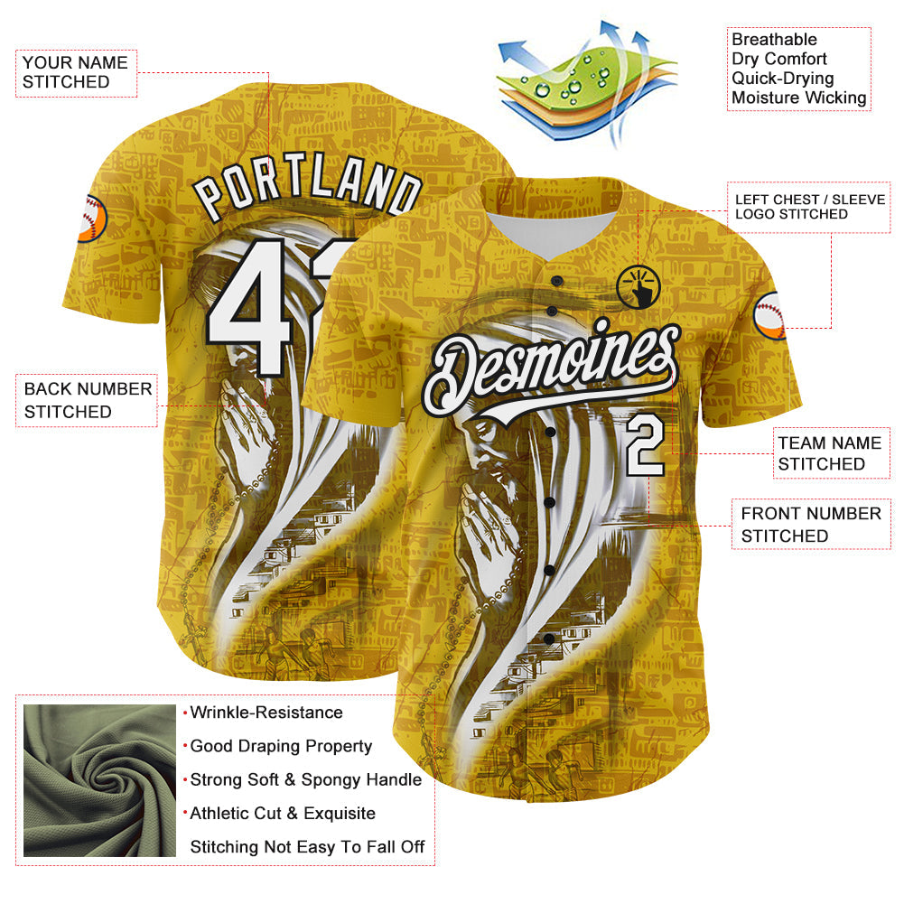 Custom Yellow White-Black 3D Pattern Design Religion Jesus Christ Authentic Baseball Jersey view 3