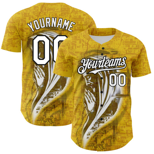 Custom Yellow White-Black 3D Pattern Design Religion Jesus Christ Authentic Baseball Jersey - Main View