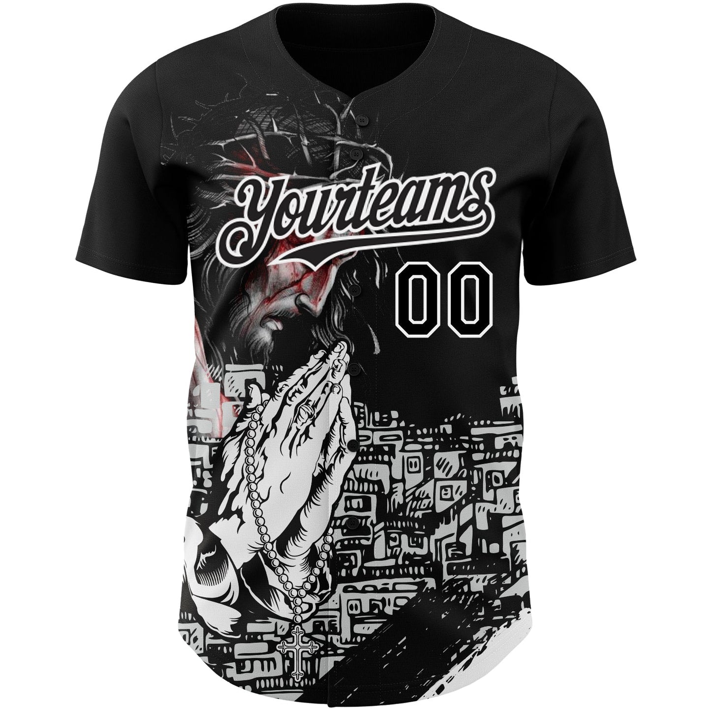 Custom Black White 3D Pattern Design Religion Jesus Christ Authentic Baseball Jersey view 2