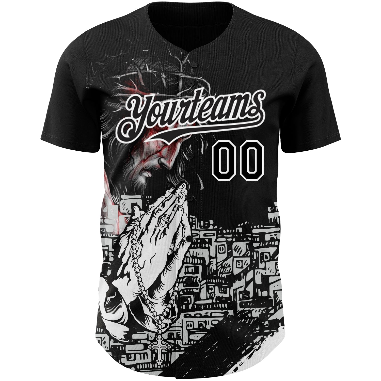 Custom Black White 3D Pattern Design Religion Jesus Christ Authentic Baseball Jersey view 2