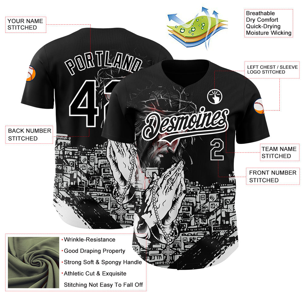 Custom Black White 3D Pattern Design Religion Jesus Christ Authentic Baseball Jersey view 3