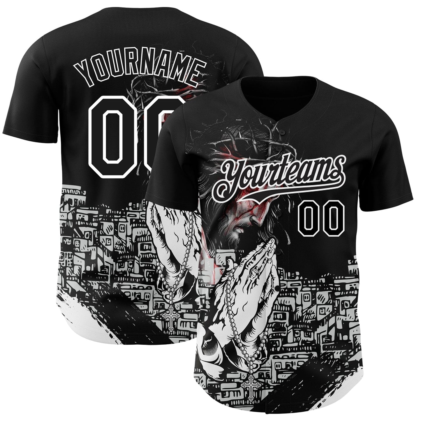 Custom Black White 3D Pattern Design Religion Jesus Christ Authentic Baseball Jersey - Main View