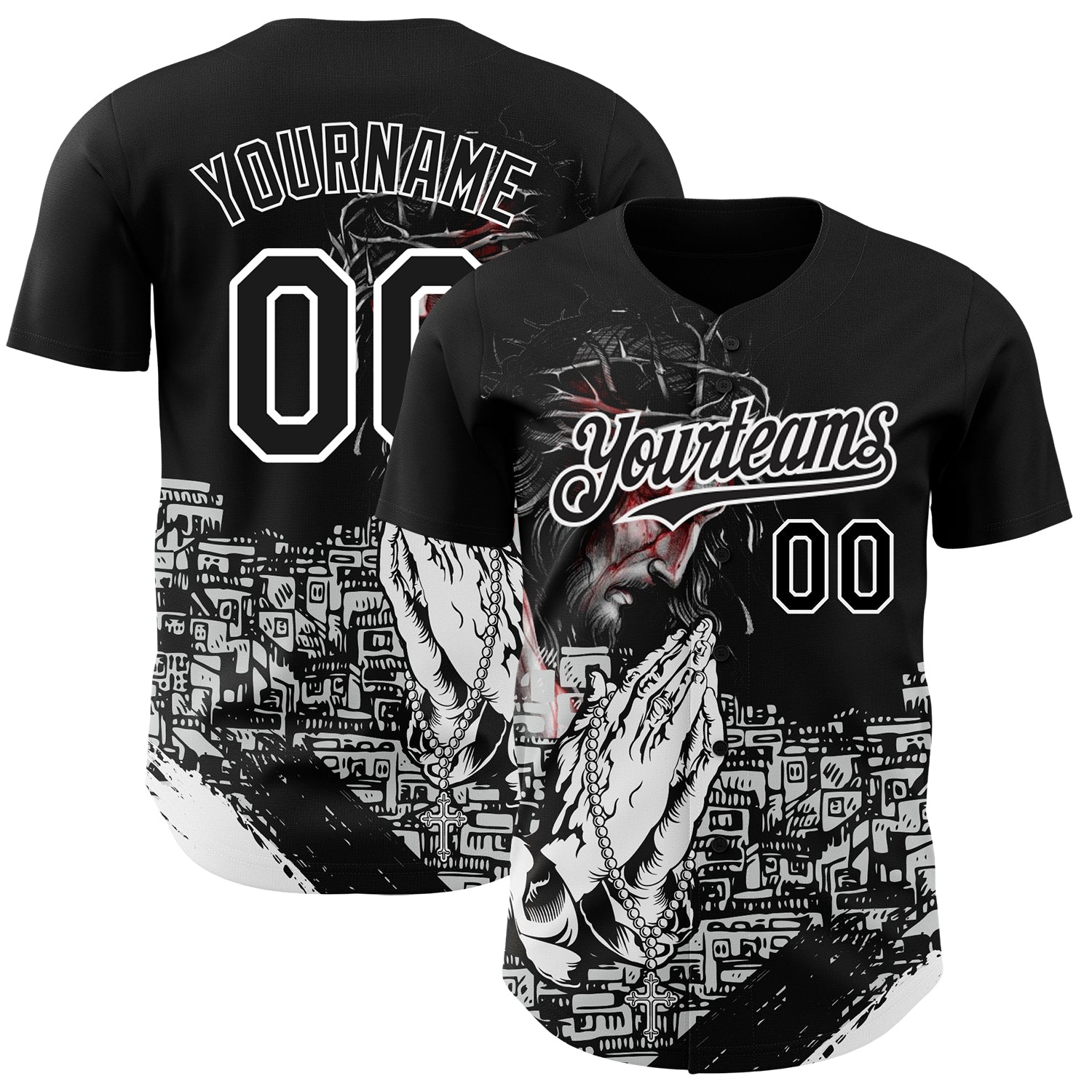 Custom Black White 3D Pattern Design Religion Jesus Christ Authentic Baseball Jersey - Main View