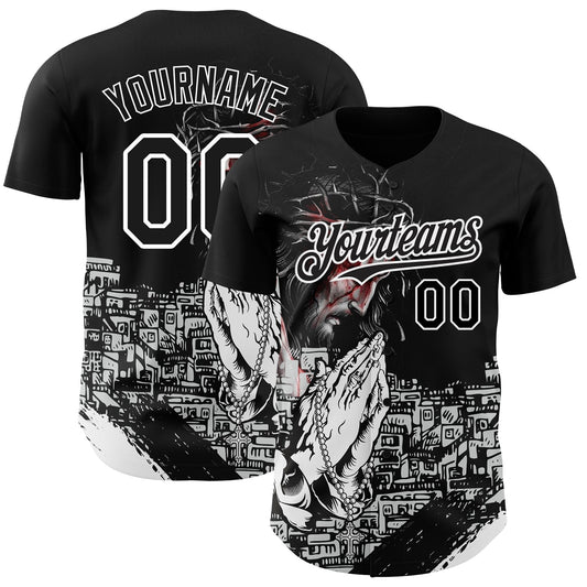 Custom Black White 3D Pattern Design Religion Jesus Christ Authentic Baseball Jersey - Main View