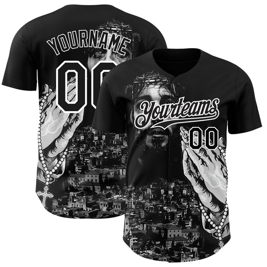 Custom Black White 3D Pattern Design Religion Jesus Christ Authentic Baseball Jersey - Main View