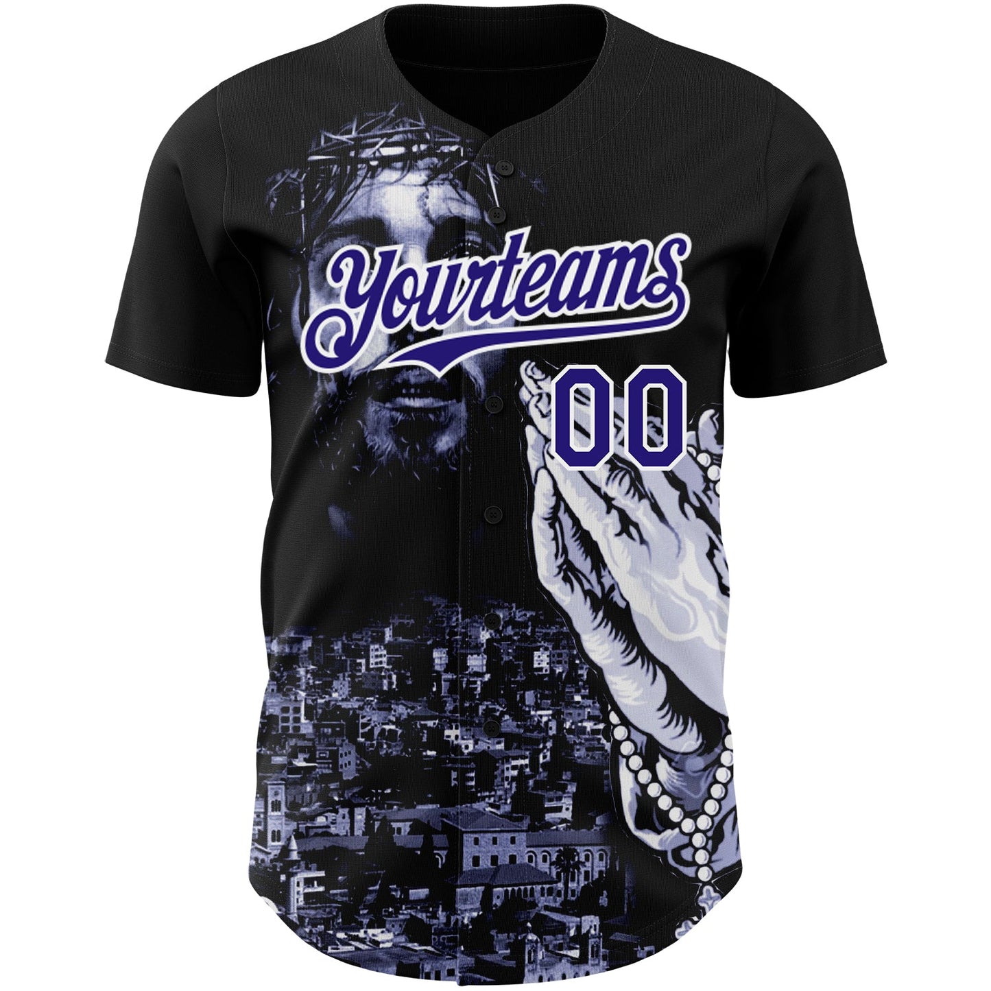 Custom Black Purple-White 3D Pattern Design Religion Jesus Christ Authentic Baseball Jersey view 2