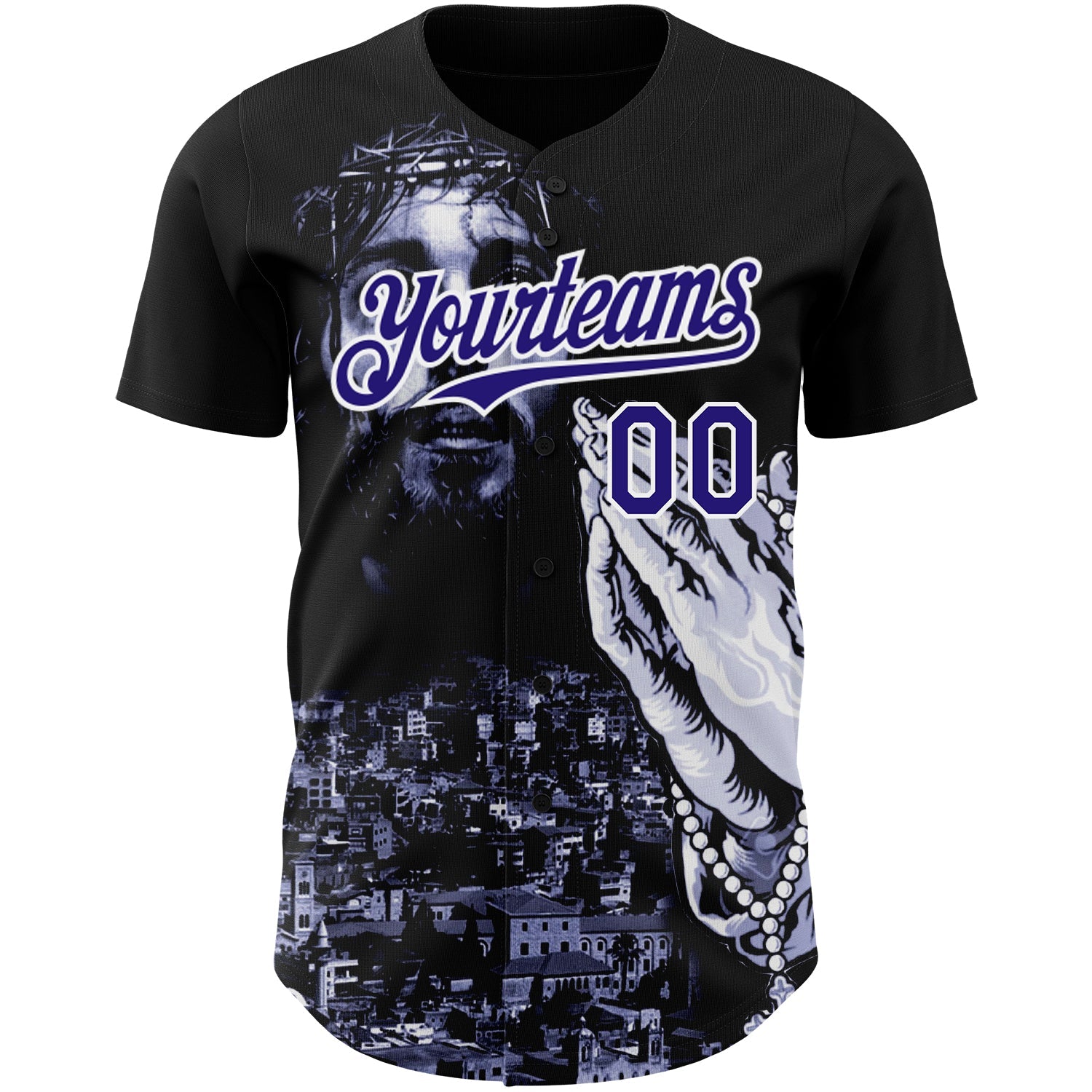 Custom Black Purple-White 3D Pattern Design Religion Jesus Christ Authentic Baseball Jersey view 2