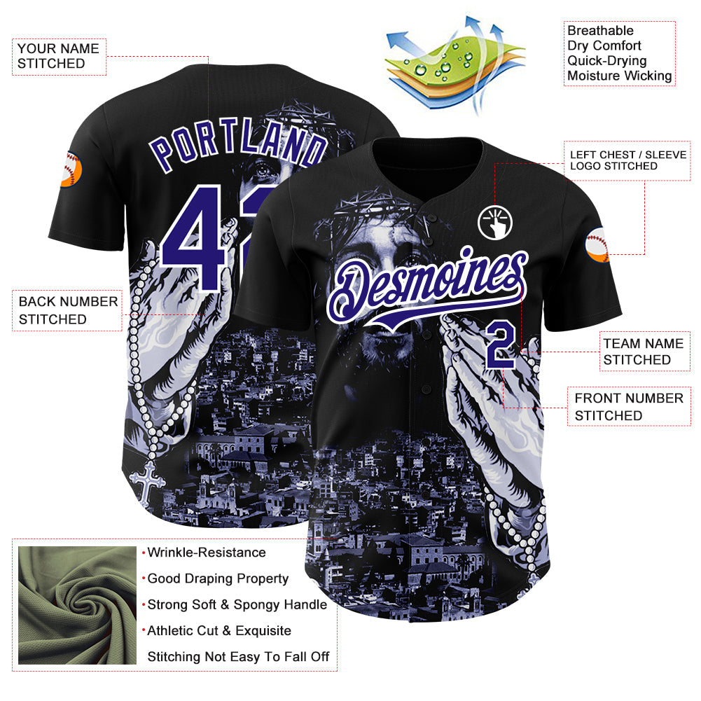 Custom Black Purple-White 3D Pattern Design Religion Jesus Christ Authentic Baseball Jersey view 3