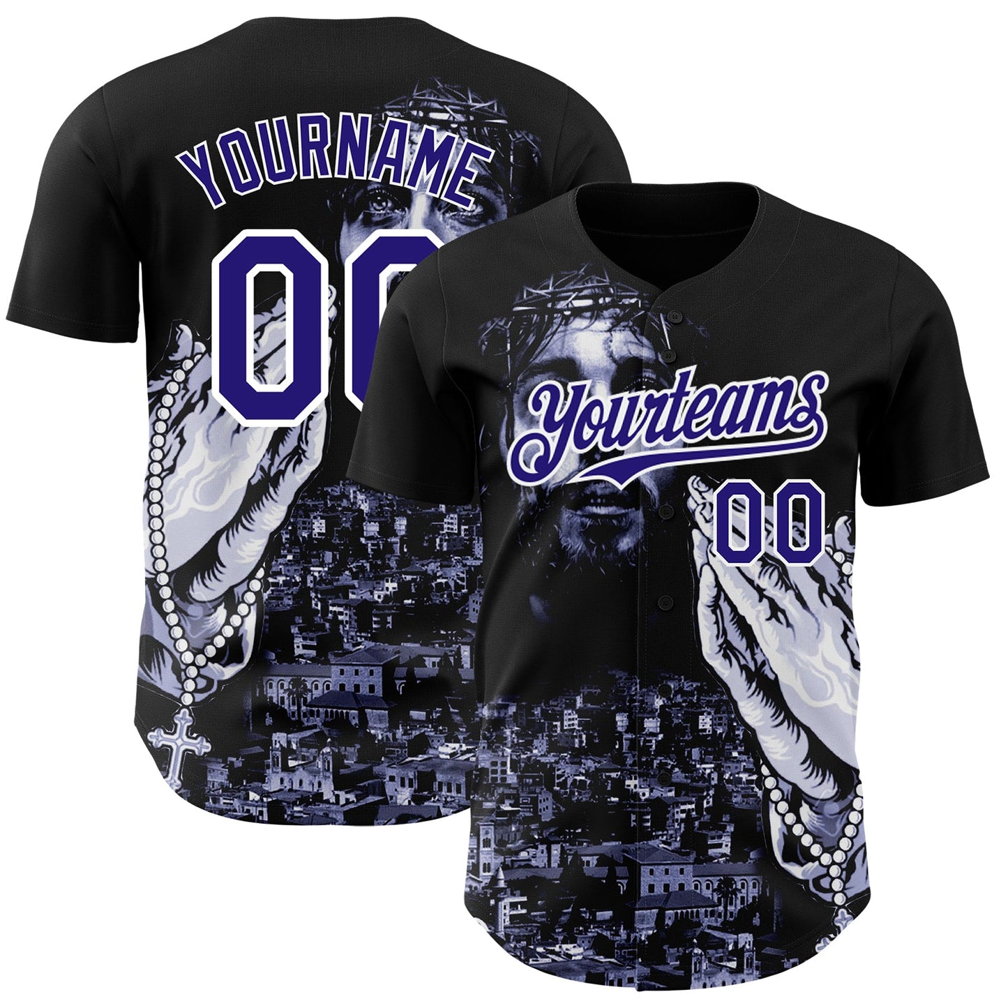 Custom Black Purple-White 3D Pattern Design Religion Jesus Christ Authentic Baseball Jersey - Main View