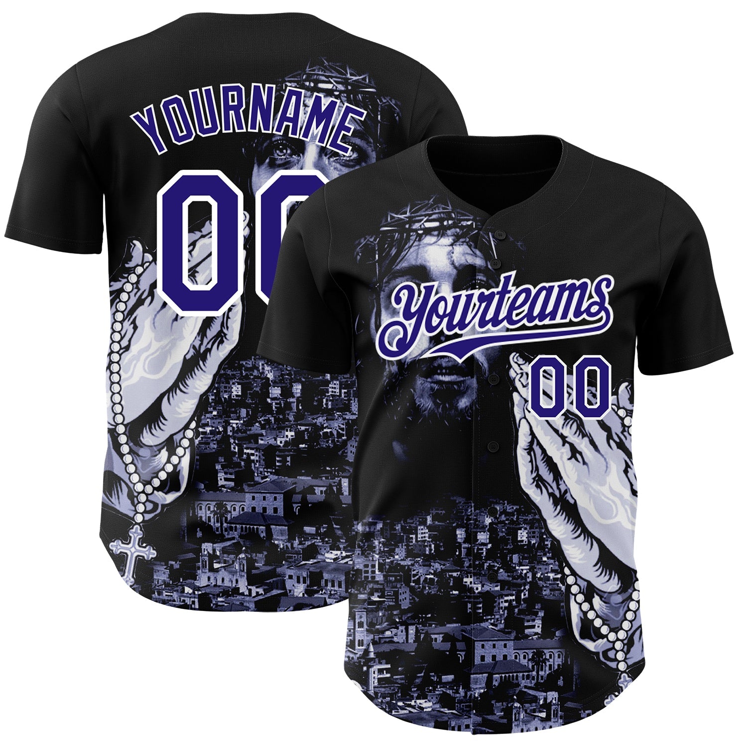 Custom Black Purple-White 3D Pattern Design Religion Jesus Christ Authentic Baseball Jersey - Main View