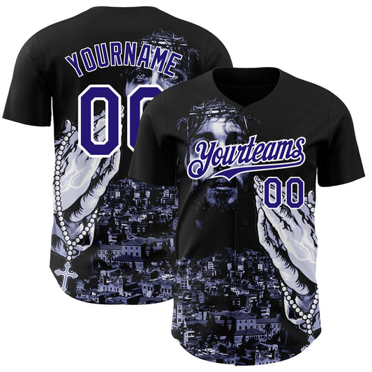Custom Black Purple-White 3D Pattern Design Religion Jesus Christ Authentic Baseball Jersey - Main View