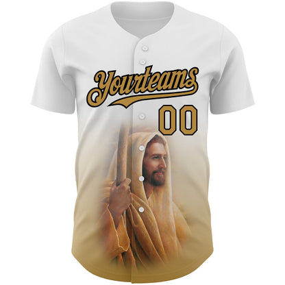 Custom White Old Gold-Black 3D Pattern Design Religion Jesus Christ Authentic Baseball Jersey view 2