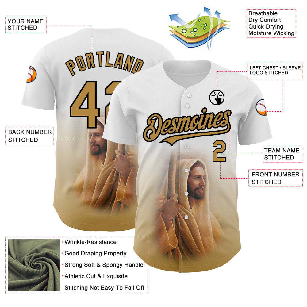 Custom White Old Gold-Black 3D Pattern Design Religion Jesus Christ Authentic Baseball Jersey view 3