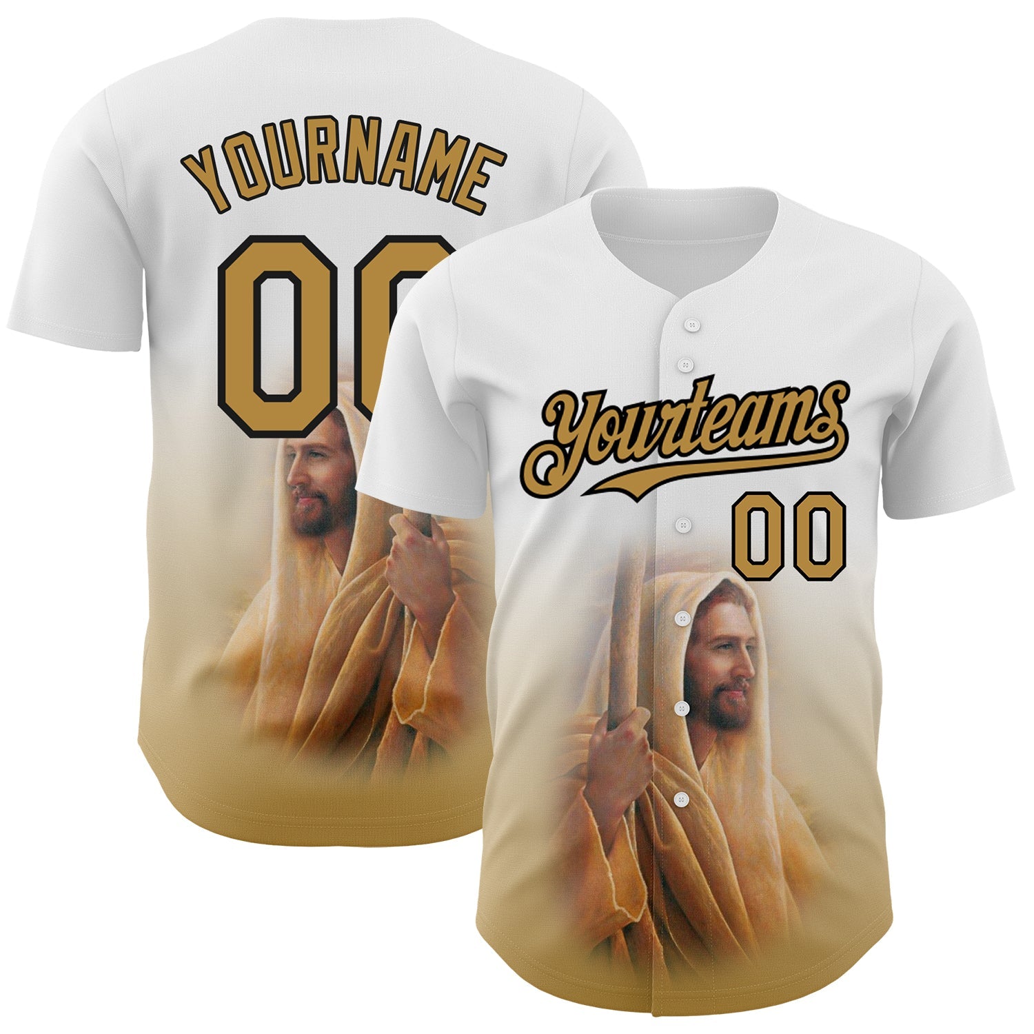Custom White Old Gold-Black 3D Pattern Design Religion Jesus Christ Authentic Baseball Jersey - Main View