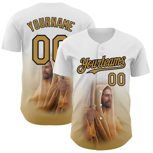 Custom White Old Gold-Black 3D Pattern Design Religion Jesus Christ Authentic Baseball Jersey - Main View