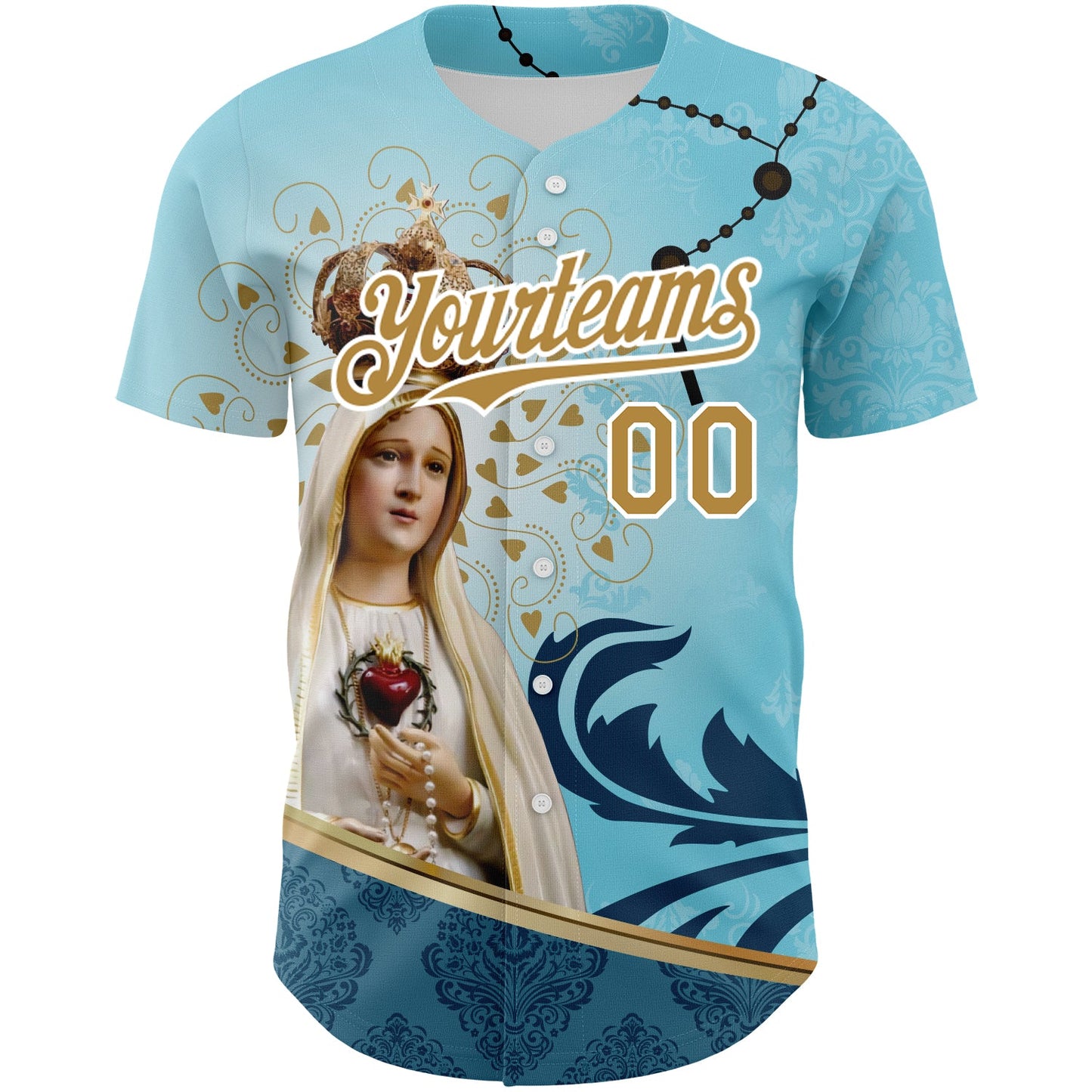 Custom Teal Old Gold-White 3D Pattern Design Religion Virgin Mary Authentic Baseball Jersey view 2