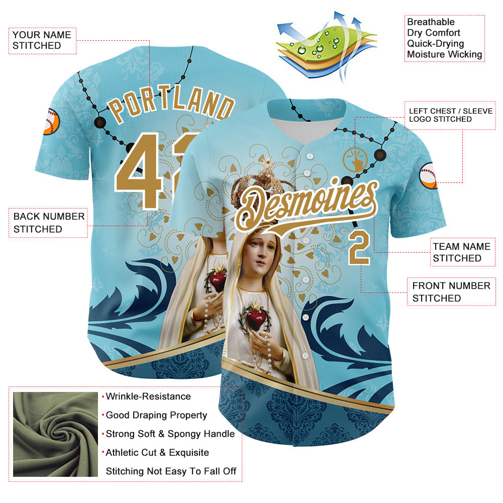 Custom Teal Old Gold-White 3D Pattern Design Religion Virgin Mary Authentic Baseball Jersey view 3